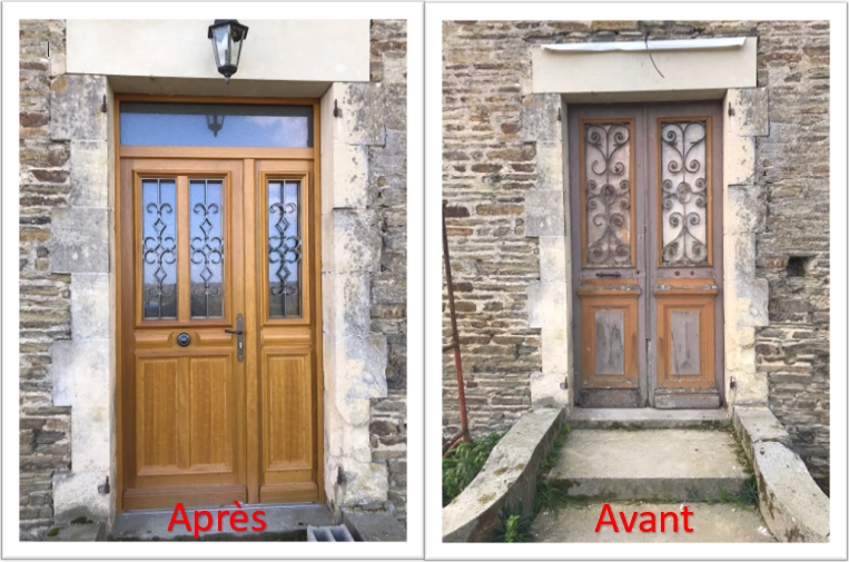 Avant-après porte bois clair avec grilles et tierce vitrée, imposte, mur pierre