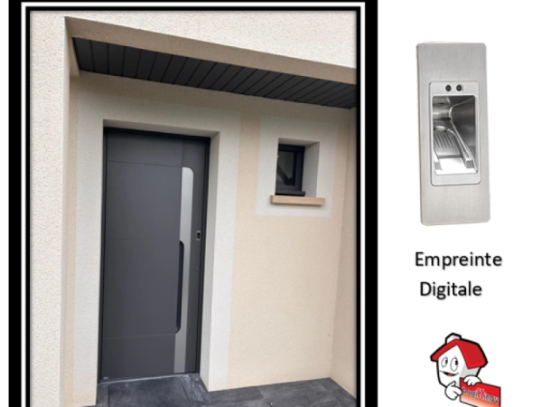 Porte d'entrée anthracite à poignée barre, lecteur d'empreinte digitale et texte Empreinte Digitale