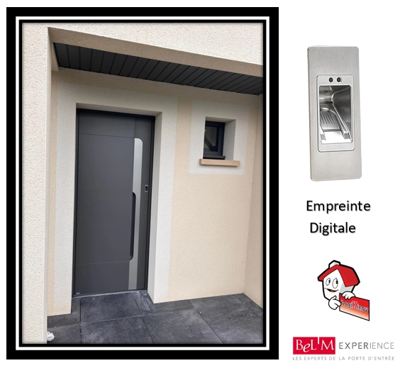 Porte d'entrée anthracite à poignée barre, lecteur d'empreinte digitale et texte Empreinte Digitale
