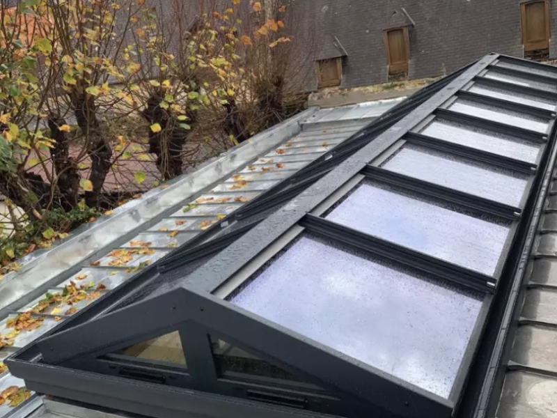 Verrière alu anthracite sur toiture zinc, vitrage gouttes d'eau, feuilles d'automne