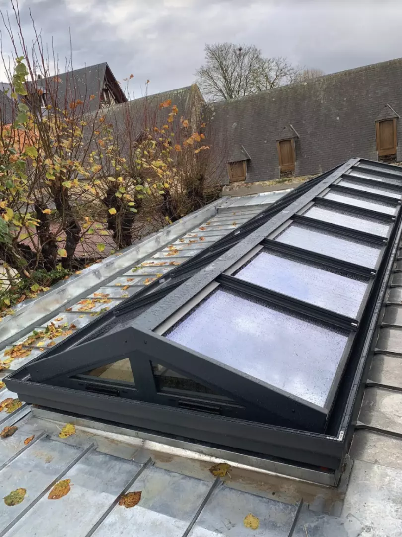 Verrière alu anthracite sur toiture zinc, vitrage gouttes d'eau, feuilles d'automne