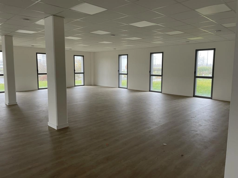 Open space, fenêtres verticales alu anthracite, plafond dalles et sol effet bois