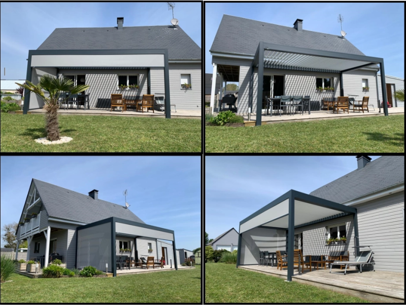 Pergola bioclimatique anthracite, lames orientables et stores latéraux gris, terrasse bois