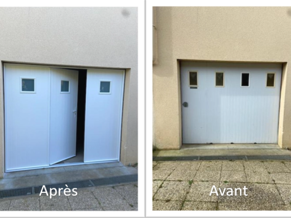 Avant-après porte garage battante blanche trois hublots carrés, pavés devant