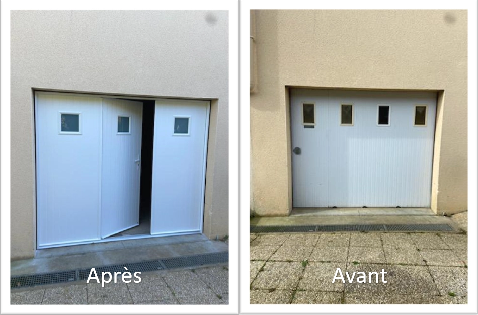Avant-après porte garage battante blanche trois hublots carrés, pavés devant