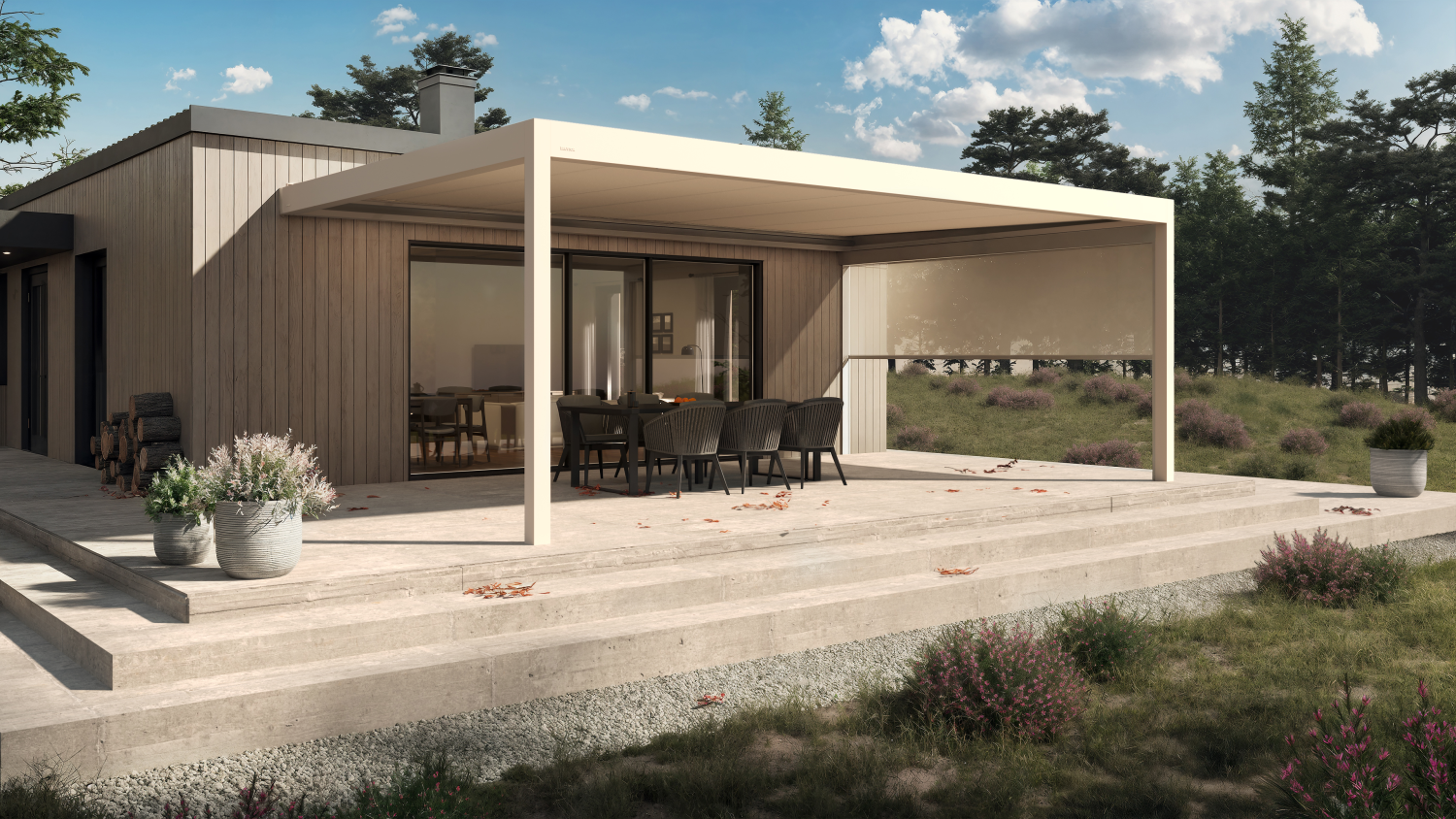Pergola toile blanche retractable avec store lateral sur terrasse bois et pins