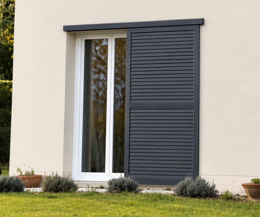 Façade crème, volets coulissants anthracite à lames sur fenêtre d’étage et baie rez-de-chaussée