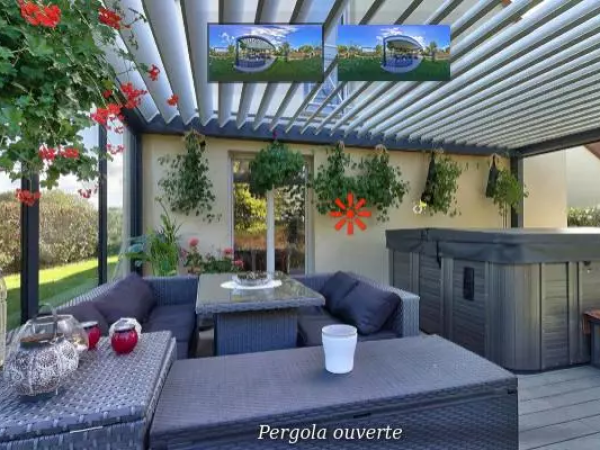 Pergola à lames blanches ouvertes, salon wicker gris, jacuzzi et géraniums sur terrasse