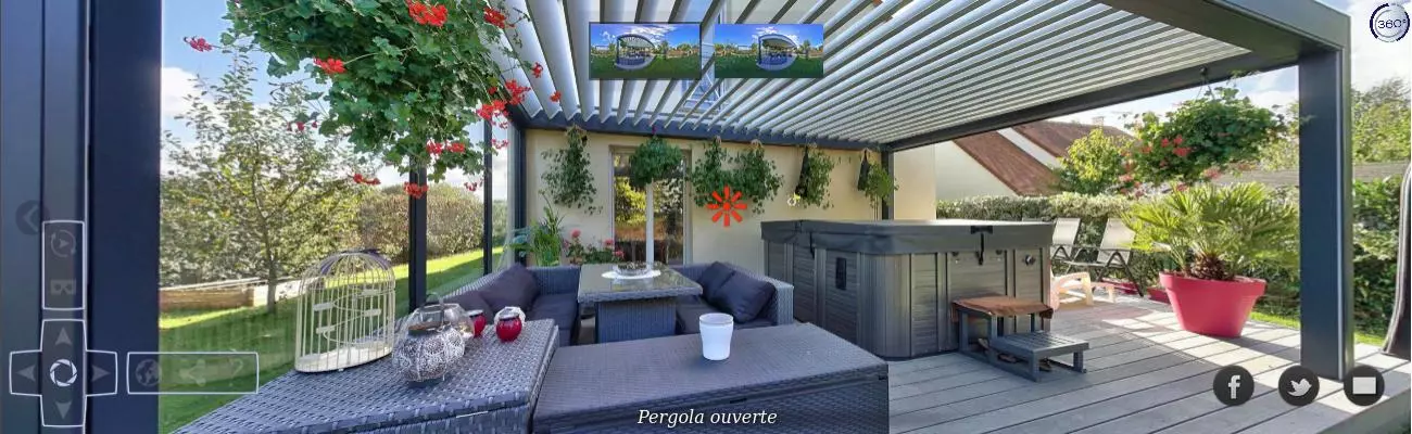 Pergola à lames blanches ouvertes, salon wicker gris, jacuzzi et géraniums sur terrasse